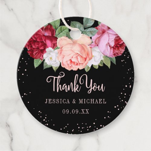 Monogram Floral Rose Pink Black Wedding Thank You Favor Tags