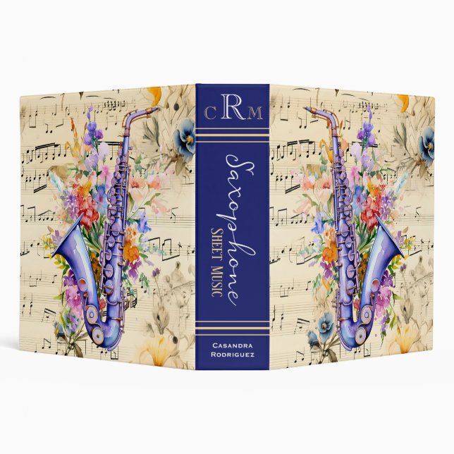 Monogram Floral Saxophone Sheet Music Organizer 3 Ring Binder (Background)