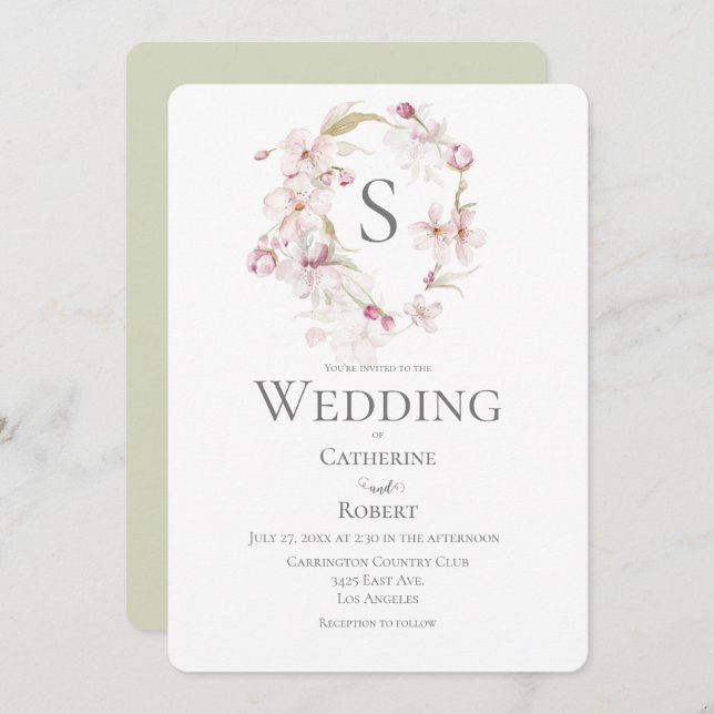 Monogram Floral Script Green Watercolor Wedding Invitation (Front/Back)