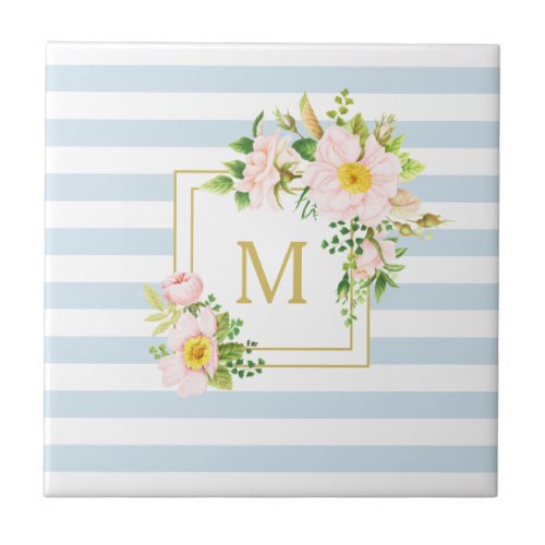 Monogram Floral Shabby Chic Pastel Blue Stripes Ceramic Tile