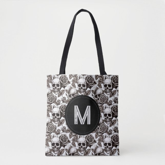 Monogram Floral Skull Black White Halloween  Tote Bag (Front)