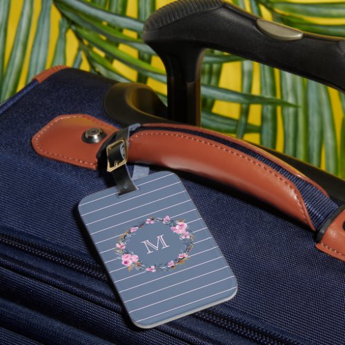 Monogram Floral Stripe  Pink Blue Gold   Luggage Tag