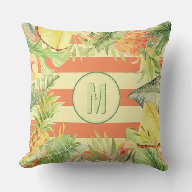Monogram Floral Striped Outdoor Pillow (Front)