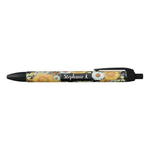 Monogram Floral Sunflower Pattern Black Ink Pen