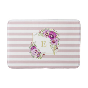 Monogram Floral Vintage Pansies Purple Stripes Bath Mat