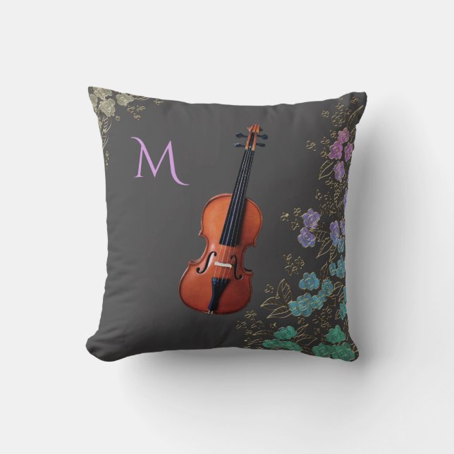 Monogram Floral Violin Design Throw Pillow (Front)