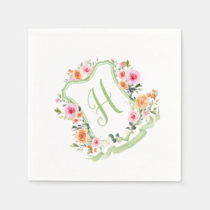 Monogram Floral Watercolor Crest, Green & Pink Napkins