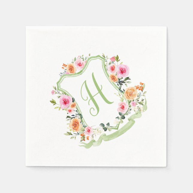 Monogram Floral Watercolor Crest, Green & Pink  Napkins (Front)