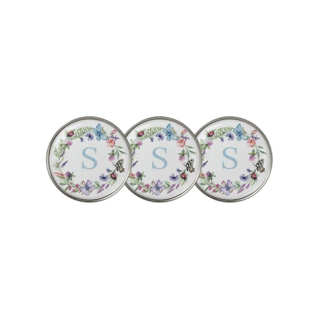 Monogram Floral Watercolor  Golf Ball Marker (3 Up)
