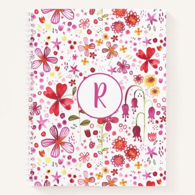 Monogram Floral Watercolor Modern Pattern Notebook (Front)