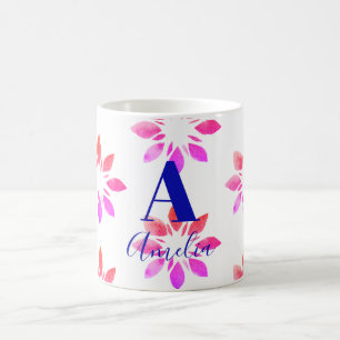 Monogram Floral Watercolor Retro Pattern Hot Pink Coffee Mug
