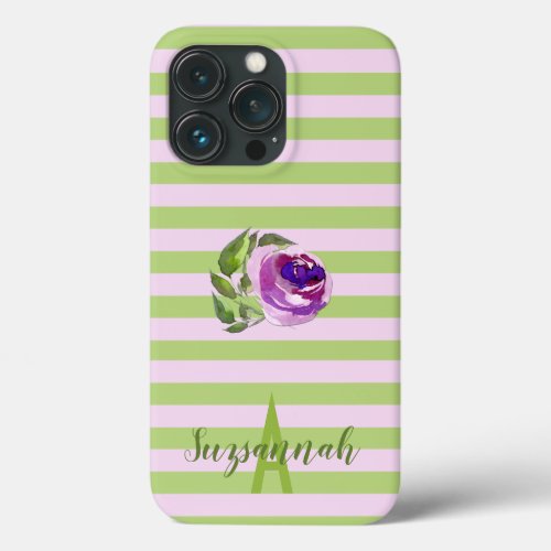 Monogram Floral Watercolor Rose Pastel Stripes iPhone 13 Pro Case