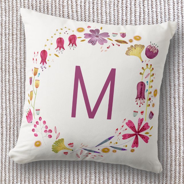 Monogram Floral Watercolor Throw Pillow (Monogram initial personalized watercolor wildflower throw pillow)