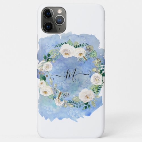 Monogram Floral Watercolor Wash Blue White Script iPhone 11 Pro Max Case