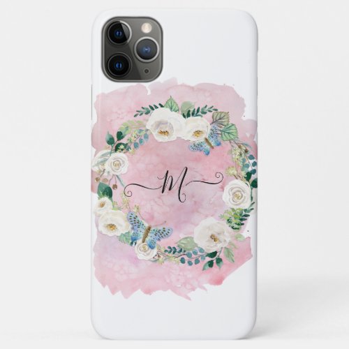 Monogram Floral Watercolor Wash Pink White Script iPhone 11 Pro Max Case
