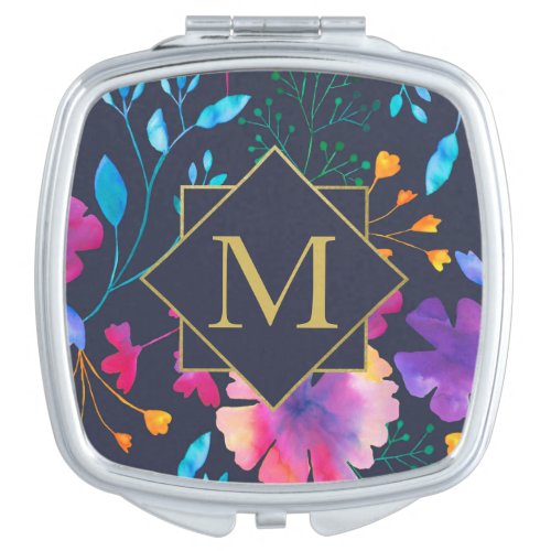 Monogram Floral Watercolour Pattern Compact Mirror