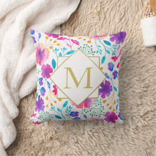 Monogram Floral Watercolour Throw Cushion Pillow