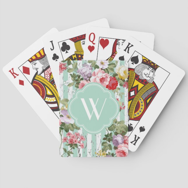 Monogram Floral Weathered Green Stripe Poker Cards (Back)