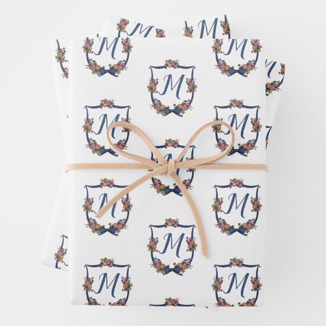 Monogram Floral Wedding Crest Personalized  Wrapping Paper Sheets (In situ)