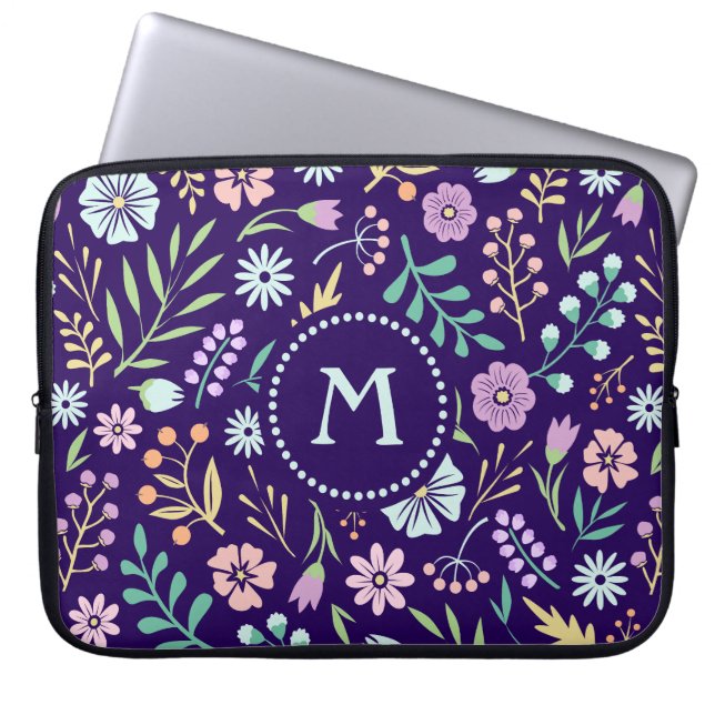 Monogram Floral Whimsical Boho Laptop Sleeve (Front)
