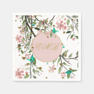 Monogram Floral White Pink Elegant Gold Birthday Napkins