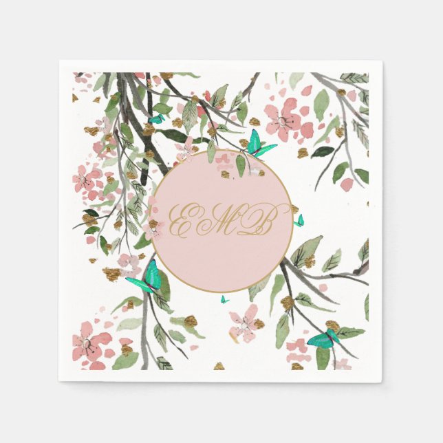Monogram Floral White Pink  Elegant Gold Birthday Napkins (Front)