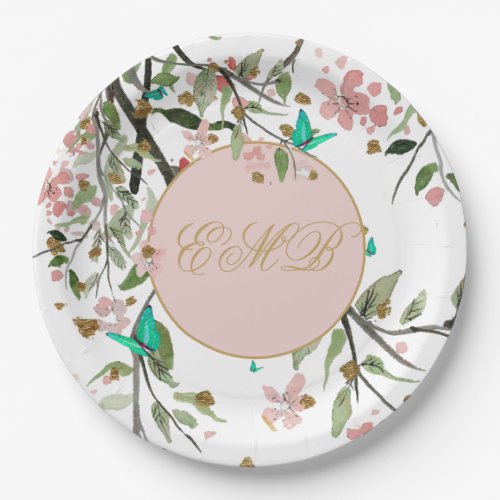 Monogram Floral White Pink  Elegant Gold Birthday Paper Plates