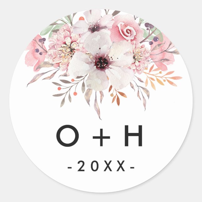Monogram Floral White Wedding Favor Round Sticker (Front)