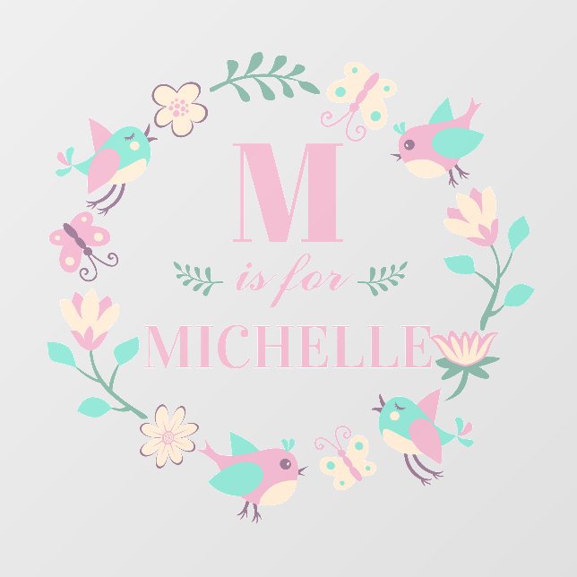 Monogram Floral Wreath Birds Baby Girl Nursery Wall Decal (Front)