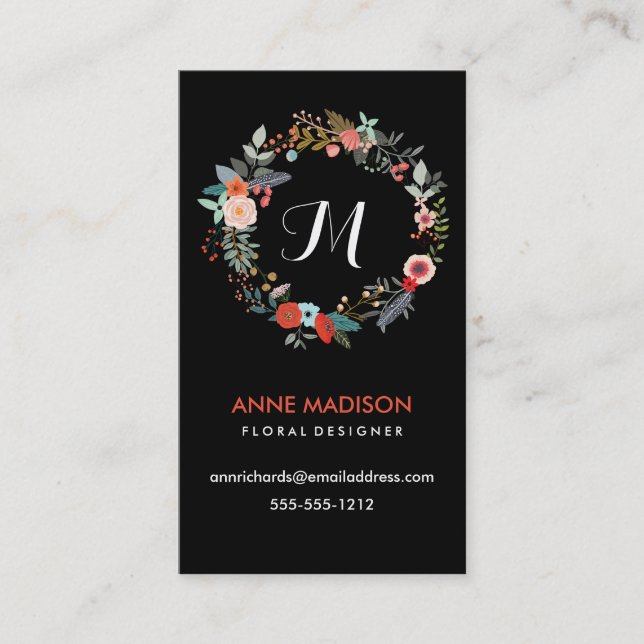 Monogram Floral Wreath Business Card (Front)
