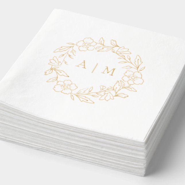 Monogram Floral Wreath Gold Foil Wedding Napkins (Detail)