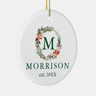 Monogram Floral Wreath Newlywed PHOTO BACK Ceramic Ornament