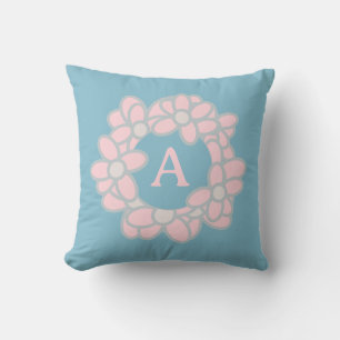 Monogram Floral Wreath Pastel Retro Throw Pillow