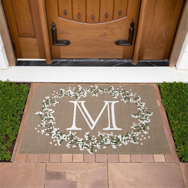 Monogram Floral Wreath & Rustic Burlap Effect Doormat (Outdoor)