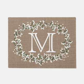 Monogram Floral Wreath & Rustic Burlap Effect Doormat