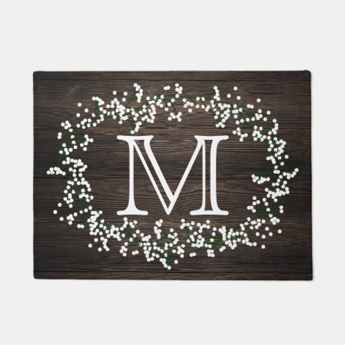 Monogram Floral Wreath  Rustic Wood Effect Doormat