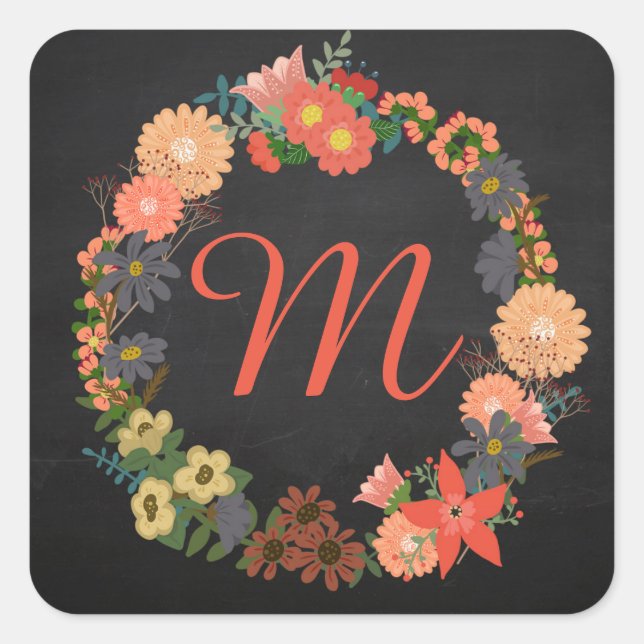 Monogram Floral Wreath, Square Stickers (Front)