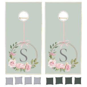 Monogram Floral Wreath Watercolor Green Cornhole Set