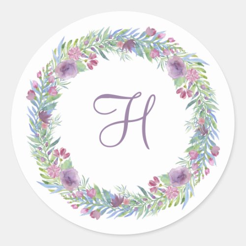 Monogram Floral Wreath Watercolor Pastel Purple Classic Round Sticker