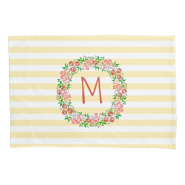 Monogram Floral Wreath Watercolor Stripes Pretty Pillowcase (Front)