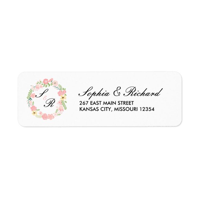 Monogram Floral Wreath Wedding Address Label (Front)