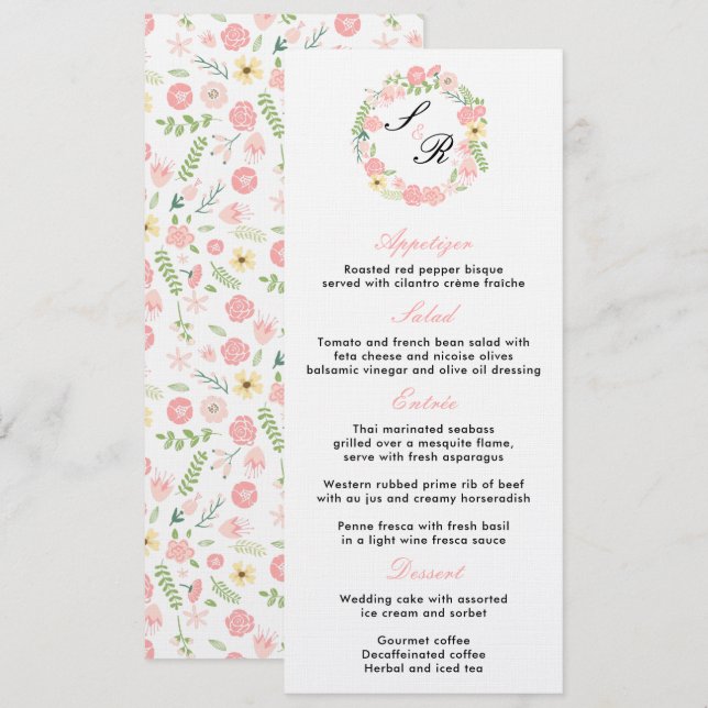 Monogram Floral Wreath Wedding Party Menu Invitation (Front/Back)