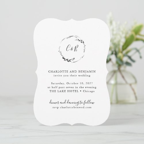 Monogram Floral Wreath White Script Wedding Invitation