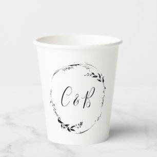 Monogram Floral Wreath White Script Wedding Shower Paper Cups