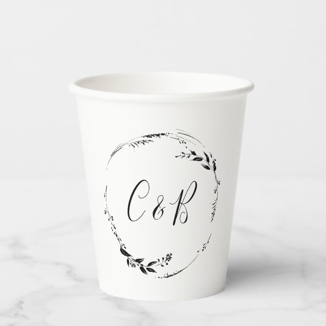 Monogram Floral Wreath White Script Wedding Shower Paper Cups (Front)