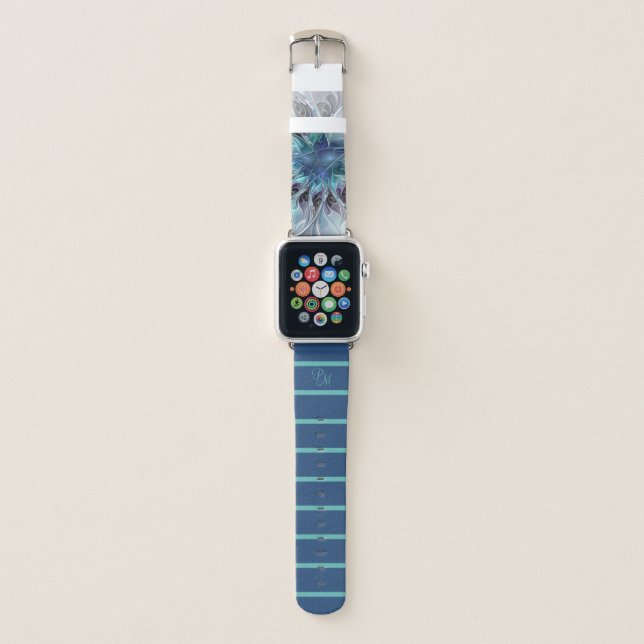 Monogram Flourish Abstract Modern Flower With Blue Apple Watch Band (Front)