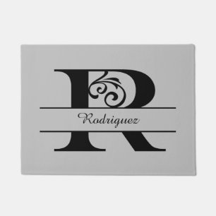 Monogram Flourish Letter R with Name Doormat