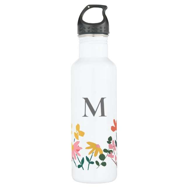 Monogram Flower Art Personalized Stainless Steel Water Bottle (Front)