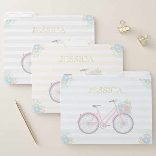 Monogram Flower Bicycle Cute Pastel Stripes File Folder