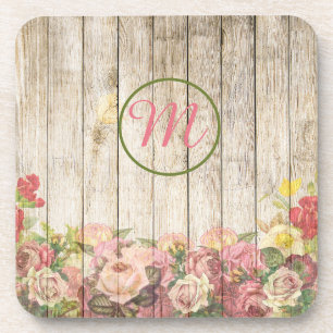 Monogram Flower Garden at Wooden Fence Beverage Coaster
